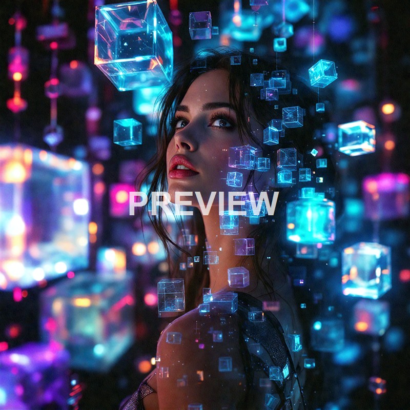 A young woman with dark hair and makeup gazes upward amidst floating, glowing blue and purple holographic cubes in a neon-lit, futuristic environment.